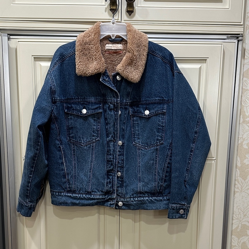 Pilcro Blue Denim Jacket with Tan Faux Fur Lining